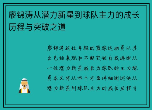 廖锦涛从潜力新星到球队主力的成长历程与突破之道