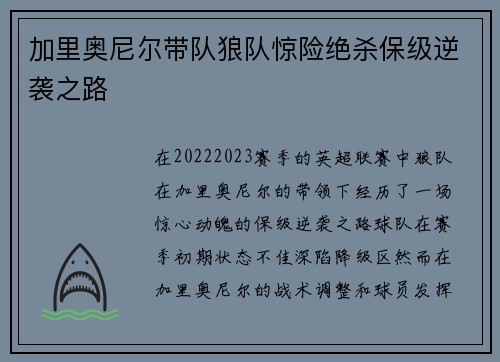 加里奥尼尔带队狼队惊险绝杀保级逆袭之路