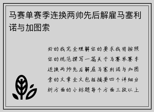 马赛单赛季连换两帅先后解雇马塞利诺与加图索 马赛单赛季连换两帅先后解雇马塞利诺与加图索